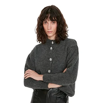 Afbeelding van Trendyol Zwarte Zachte Textuur Juweel Geknoopte Jas Look Gebreide Cardigan Twoaw21Hi0034