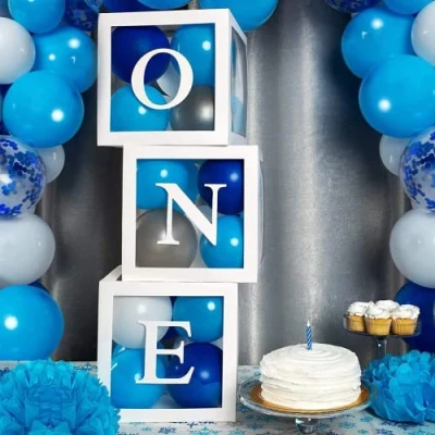 Afbeelding van 1. Ballon kubussen voor verjaardagsdecoratie, jongens of meisjes, 3 stuks, transparant, met letters ONE, babyshowers een 1e verjaardag