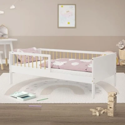 Afbeelding van Kinderbed 80x160 cm met lattenbodem en uitvalbeveiliging wit/naturel dennenhout ML design