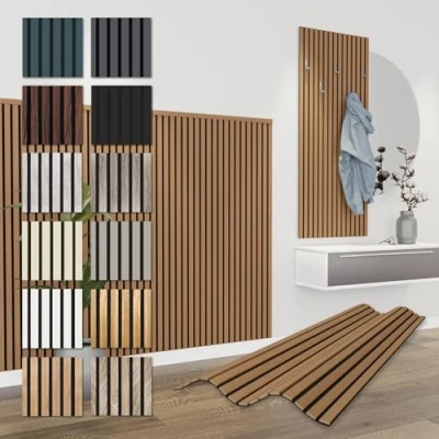 Afbeelding van HEXIM Akoestische panelen, 138,5 x 60 cm, flexibele lamellenwand, hout, mdf wandpanelen, wandbekleding, binnendecoratie, geluidsisolerend (12 panelen / 9,96 m² teak APH09)