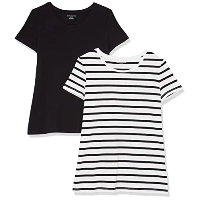 Afbeelding van Amazon Essentials Women&#039;s T shirt met korte mouwen en ronde hals in klassieke pasvorm, Pack of 2, Wit Streep/Zwart, XS