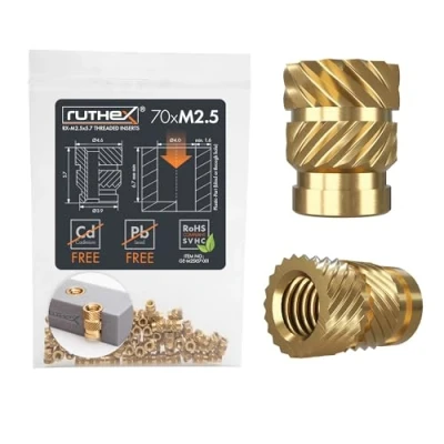 Afbeelding van ruthex M2,5 Schroefdraadbus 70 stuks RX M2,5x5.7 messing schroefdraadbussen Insteekmoer voor kunststof onderdelen kan door warmte of echografie worden ingebracht in 3D geprinte