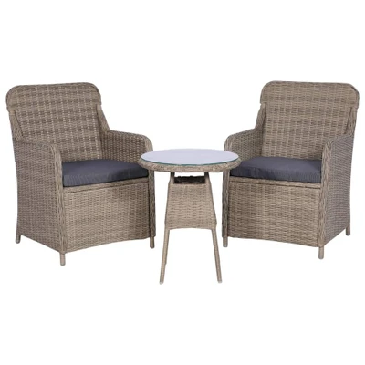 Afbeelding van 3 delige Bistroset met kussens poly rattan bruin