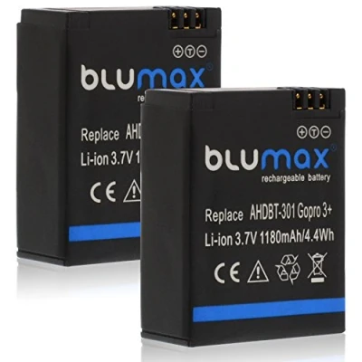 Afbeelding van Blumax 2x accu 1180mAh vervangt GoPro Hero 3 Plus 3+ / Black, Silver, White AHDBT 201, 301, 302, AHBBP ACARC 001, AWALC 001