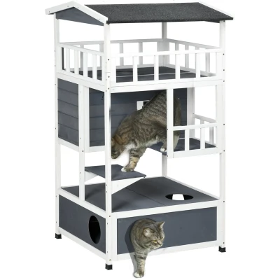 Afbeelding van PawHut Kattenhuis 4 verdiepingen kattenhut met balkon asfaltdak hout grijs D30 222