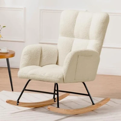 Afbeelding van COMHOMA Schommelstoel, relaxstoel met armleuningen, oorfauteuil van teddypluche, tot 150 kg belastbaar, zonneligstoel, tuinligstoel voor slaapkamer, woonkamer, stijlvol design, beige