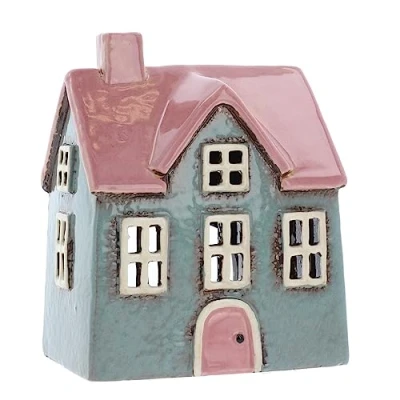 Afbeelding van Shudehill Giftware Keramisch dorp aardewerk helder kleurenbereik theelichthouder, mooi huisverwarmend cadeau, Home Ornament, Kaarsenhouder... (Grijs/Roze)