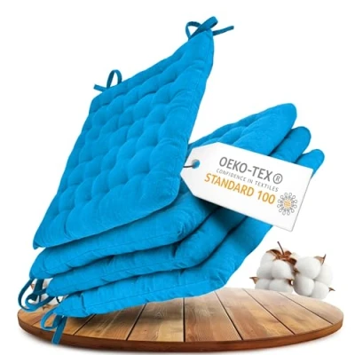 Afbeelding van Gräfenstayn® Set van 4 katoenen zitkussens 40 x 5 cm met bevestigingsbanden voor binnen en buiten, Öko Tex zegel, turquoise