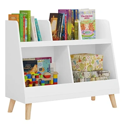 Afbeelding van Lestarain Kinderplank, kinderkamerplank met 5 planken, kinderboekenplank, speelgoedorganisator, opbergrek voor kinderkamer, poten van massief hout, 82x70x35cm, wit