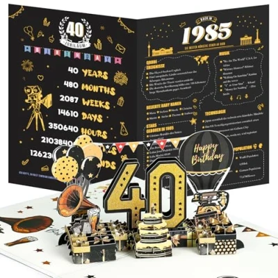 Afbeelding van Joyoldelf 40e verjaardagskaart, 1985 jaargang 3D pop up wenskaarten met envelop, vintage verjaardagscadeaus voor man en vrouw
