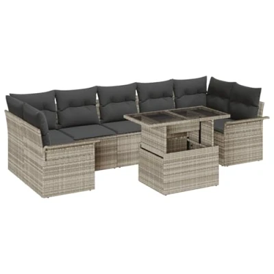 Afbeelding van vidaXL 8 delig tuinbankstel met kussens lichtgrijs poly rattan, 2 zits tuinbank opslag &amp; rattan
