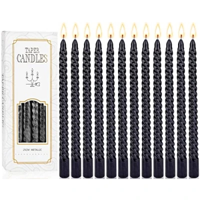 Afbeelding van MULEVIP Spiraalkaarsen, set van 12 stuks, zwart, staafkaarsen, zwarte kaarsen, conisch kandelaar, spitse kaarsen voor chimes, magie, gemeenschap, feestdecoratie, 2 x 25 cm