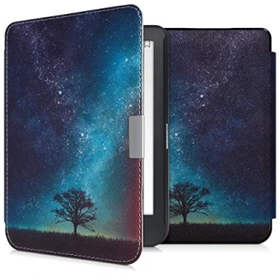 Afbeelding van kwmobile E reader hoesje geschikt voor Kobo Clara HD hoes flip case met magnetische sluiting Ereader cover Sterrenstelsel en Boom design in blauw / grijs zwart