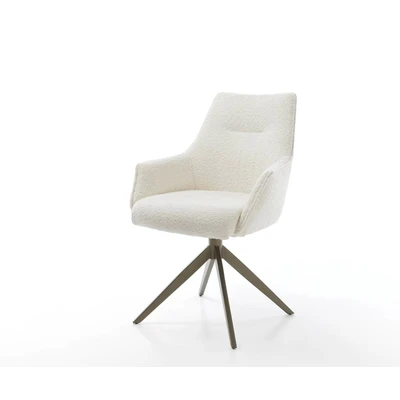 Afbeelding van Eetkamerstoel Alja Flex met armleuning kruisframe breed afwerking titaniumeffect bouclé wit pocketveer kern 360 draaibaar