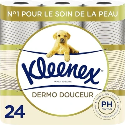 Afbeelding van KLEENEX Dermo Douceur toiletpapier (4 verpakkingen van 6 rollen), 3 laags, 100% natuurlijke vezels, zonder parfum of kleurstoffen