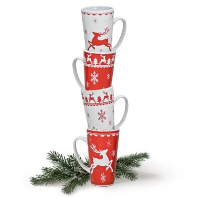 Afbeelding van Jumbomokken set van 4 Xmas mokken in rood wit Amerikaanse keramische koffiemokken als kerstmokken 450 ml grote koffiekopjes voor Kerstmis vaatwasmachinebestendig en magnetronbestendig