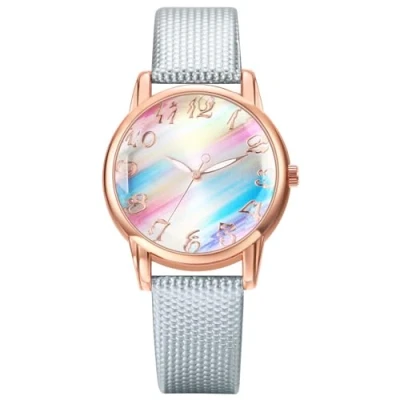 Afbeelding van JewelryWe Dameshorloge regenboog lederen horloge: lichtblauw dames Preppy Boho analoog kwarts polshorloge vrouwen casual horloge met PU lakleer armband en gekleurde wijzerplaat,