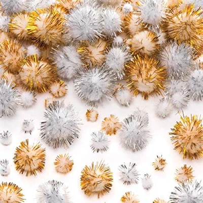 Afbeelding van Baker Ross AR687 glinsterende pompons in goud en zilver voor kinderen kerst knutselwerk decoraties (100 stuks)