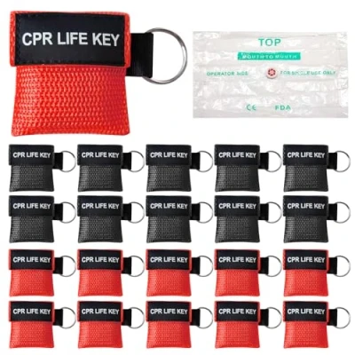 Afbeelding van Beademingsmasker, CPR masker, sleutelhanger, beademingsdoek, gezichtsschild met terugslagventiel, ademhalingsbarrière, zakmasker voor eerste hulp of aed training (10 zwart, 10 rood)