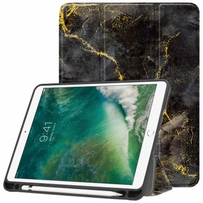 Afbeelding van Apple iPad Air 2 Hoes: iMoshion Design Trifold Bookcase Black Marble Kunstleder Tablet Hoezen