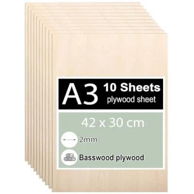Afbeelding van 10 stuks multiplexplaat 2 mm, A3 multiplex 42 x 30 cm, linde multiplex, dunne houten platen, platen voor doe het zelf houtbewerking, laserbewerking, brandschilderen, modelbouw, decoratie,