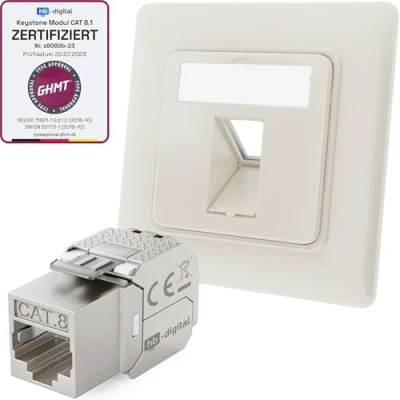 Afbeelding van hb digital Set: Netwerkdoos 1 poort RAL9010 zuiver wit + 1x Cat.8 Keystone RJ45 module Jack Inbouwdoos voudige aansluitdoos LAN Ethernet Socket Network Installation 2000MHz 40 Gbit/s STP