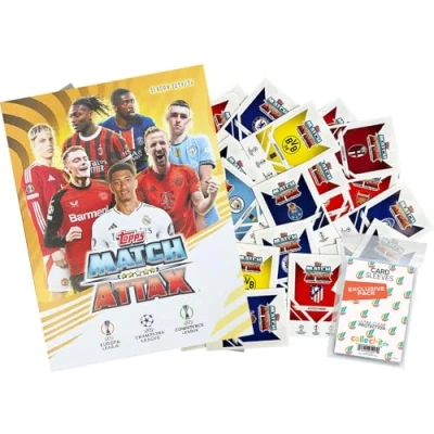 Afbeelding van Bundel met Match Attax Champions League 2024/25 Trading Cards Lege verzamelmap + 100 verschillende, willekeurige kaarten exclusieve Collect it hoezen