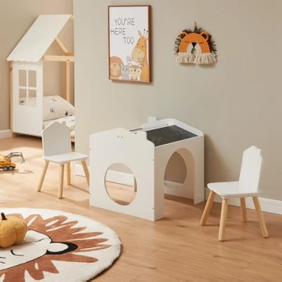 Afbeelding van Kindertafelset Romso zitgroep met 2 stoelen wit zwart en naturel [en.casa]