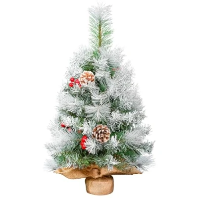 Afbeelding van Mini kerstboom, 60 cm kleine kerstboom met sneeuw, echte dennenappels, rode bessen, decoratie voor Kerstmis, kantoor, woonkamer, keuken, vensterbank, desktop, eettafel