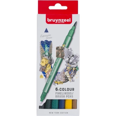 Afbeelding van Fineliner Brush pen Bruynzeel Creatives New York set 6 kleuren