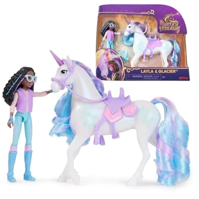 Afbeelding van Unicorn Academy Pop Layla &amp; Eenhoorn Glacier met 2 rijaccessoires en borstel Speelfigurenset