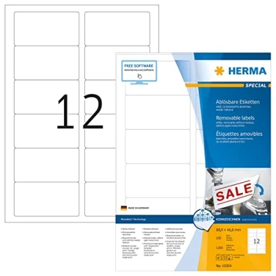 Afbeelding van HERMA 10304 universele etiketten A4 afneembaar (88,9 x 46,6 mm, 100 velles, papier, mat) zelfklevend, bedrukbaar, verwijderbaar en opnieuw klevende etiketten, 1.200 voor printer, wit
