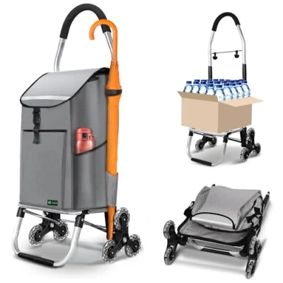 Afbeelding van VOUNOT Boodschappentrolley met 6 wielen van aluminium waterdicht geïsoleerd vak en haken, boodschappentrolley, opvouwbaar, 3 in 1, tas, trappen, grijs