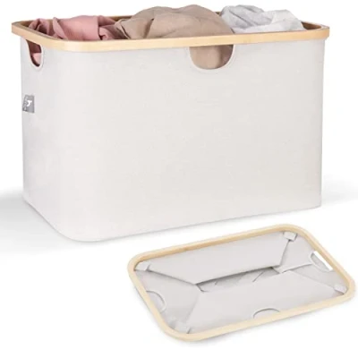 Afbeelding van Hennez Wasmand Opbergmand 60L Plat zonder Deksel Opvouwbare Oxford Stoffen Waszak Vierkant en Bamboe met Frame