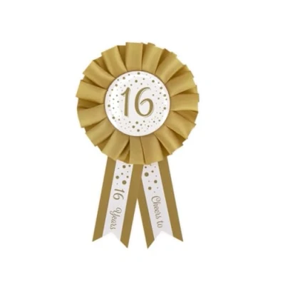 Afbeelding van Leeftijden Rozet 16 jaar Wit/ Goud 14cm per stuk
