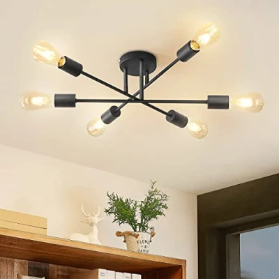 Afbeelding van ANWIO Vintage plafondlamp met 6 lampen E27 hanglamp, kroonluchter, moderne hanglamp voor woonkamer, eetkamer, keuken, hal, restaurant, café, zwart (zonder lampen)