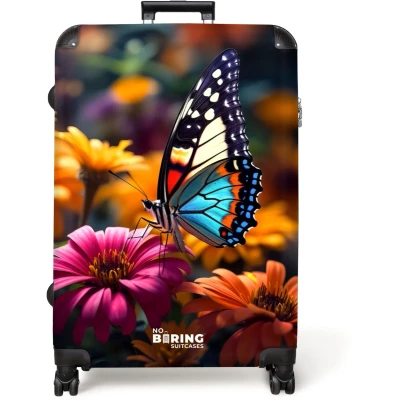 Afbeelding van NoBoringSuitcases.com® Koffer groot Reiskoffer lichtgewicht Vlinder op kleurrijke bloemen Rolkoffer met 4 wielen Grote trolley XL 98 liter bagage