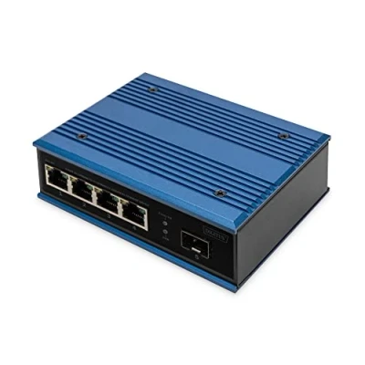 Afbeelding van DIGITUS industriële 5 poorts Fast Ethernet Switch onbeheerd 4 RJ45 poorten + 1 SFP poort 10/100 Mbps DIN rail montage IP40 beschermingsklasse blauw/zwart