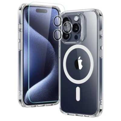 Afbeelding van ESR Beschermhoes voor iPhone 15 Pro Max, compatibel met MagSafe, 1 screenprotector van gehard glas, set camerabeschermfolies, bescherming militaire norm, vergeelt niet, krasbestendige case,