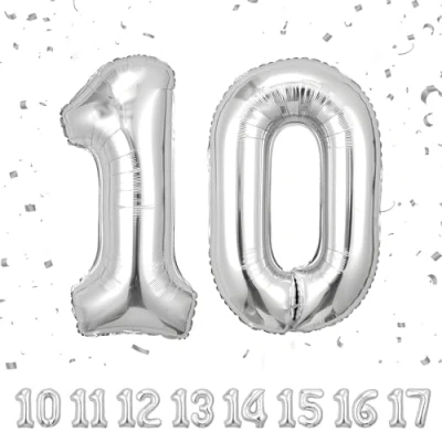 Afbeelding van Ballonnen voor verjaardag, 10 jaar, zilver, 101 cm, ballon met cijfer 10, opblaasbaar, van folie, decoratie verjaardag een man en vrouw, vliegt helium