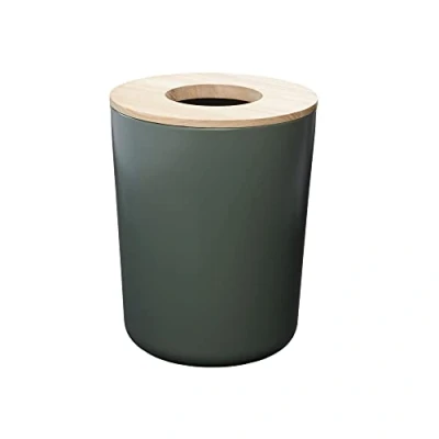 Afbeelding van iDesign Eco ijdelheid stalen bak, veelzijdige vuilnisbak voor thuis, gemaakt van metaal en hout, keuken badkameraccessoire om huizen schoon te houden, met Paulownia houten deksel, groen/beige,