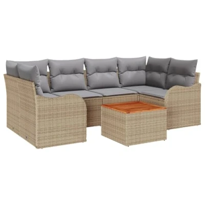 Afbeelding van vidaXL 7 delige Tuin Sofa Set met Kussens Beige Poly Riet Acacia, 2 zits