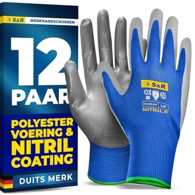 Afbeelding van S&amp;R Werkhandschoenen L/9 (12 paar) met nitrilcoating, voor motorfiets, auto, bouw, mechanica, tuinieren, DIY.