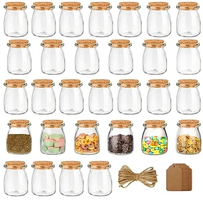 Afbeelding van Belle Vous 30 Stuks Set Glazen Gunstpotjes met Kurken Deksels, Labeltags en Touw 210ml Mini Vierkante Mason Luchtdichte Opslagflessen Etiketten voor Huwelijksgunsten, Feest, Keukenkruiden &amp; Jam
