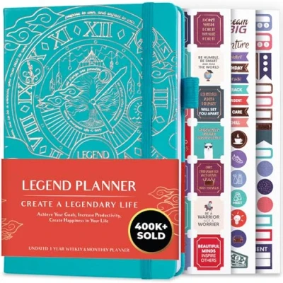 Afbeelding van Legend Planner Deluxe week &amp; maand lifeplanner om uw doelen te bereiken en gelukkiger leven. Organisator Notebook Productiviteitsdagboek. A5 Hardcover, niet gedateerd Starten op elk moment + Stickers (Turkoois Goud)
