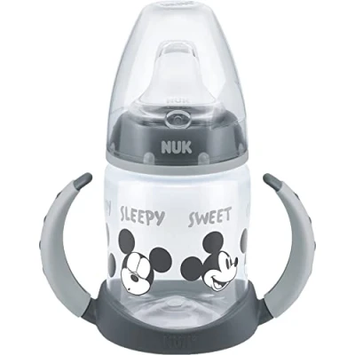 Afbeelding van NUK Disney Mickey First Choice+ drinkfles, 6 18 maanden, 150 ml (1 pak), anti kolic ventiel, lekvrije drinksnavel, ergonomische handgrepen, BPA vrij,1 stuk (pak van 1) grijs