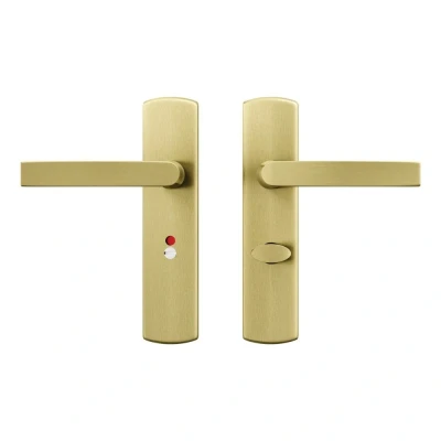 Afbeelding van AXA Binnendeurbeslag set (Curve Klik) Goud geslepen: Kruk (model Blok Zwaar) op schild voor toilet/badkamer TL63 8