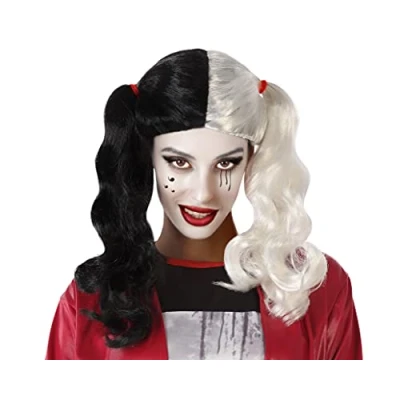 Afbeelding van Atosa Halloween verkleedpruik lang haar met staartjes zwart/wit dames Verkleedpruiken