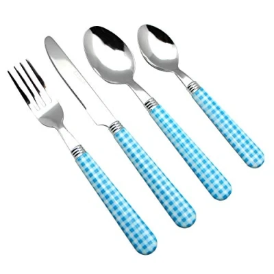 Afbeelding van Color roestvrijstalen bestekset 24 stuks 6 x tafelvorken, tafelmessen, diner lepels, theelepels (blauw)
