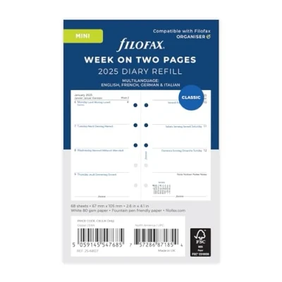 Afbeelding van Filofax Mini week op twee pagina&#039;s 4 talen 2025 dagboek navulling